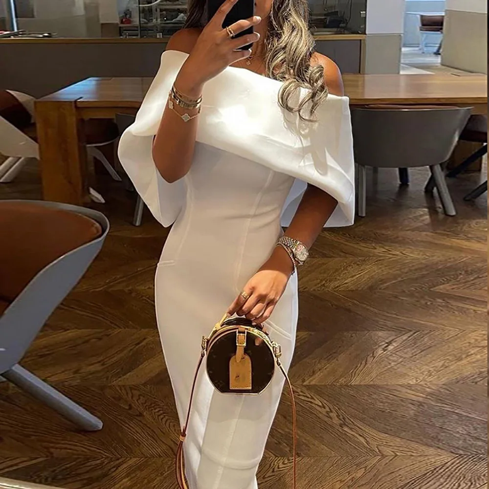 

2025 Spring and Summer Style of Women's Elegant and Simple One-line Collar Over Shoulder Slim-fit Bag Buttock Solid Color Dress