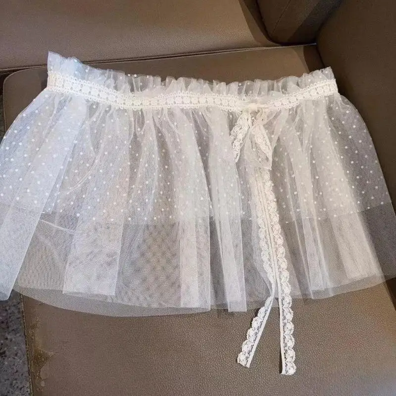 INS Lace Trim One-Piece Belted Overlap Lace Skirt Apron Korean Women's A-Line Skirt Layered Gauze Skirt With Tie Up Half Skirt