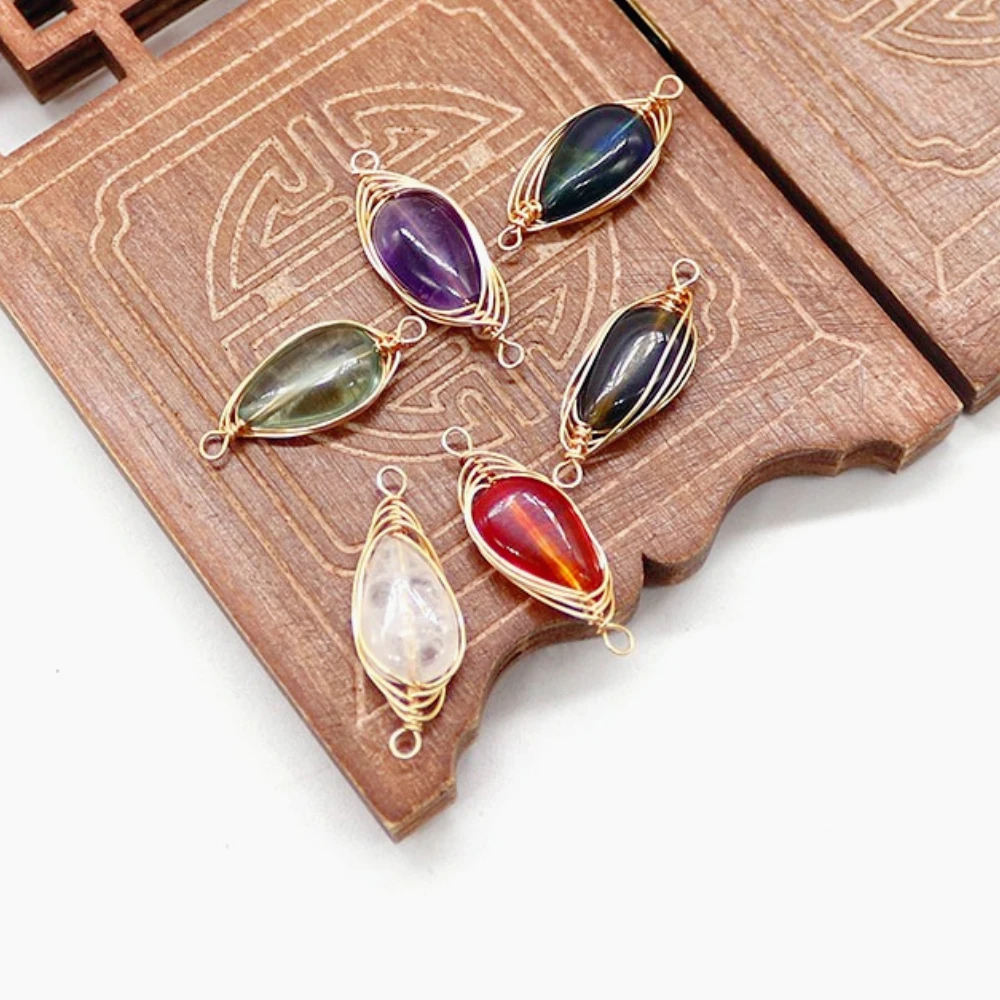Exquisite Natural Stone Colorful Crystal Polished Teardrop Handmade Wire Wrapped Single Hole Pendant DIY Earrings Jewelry Gifts