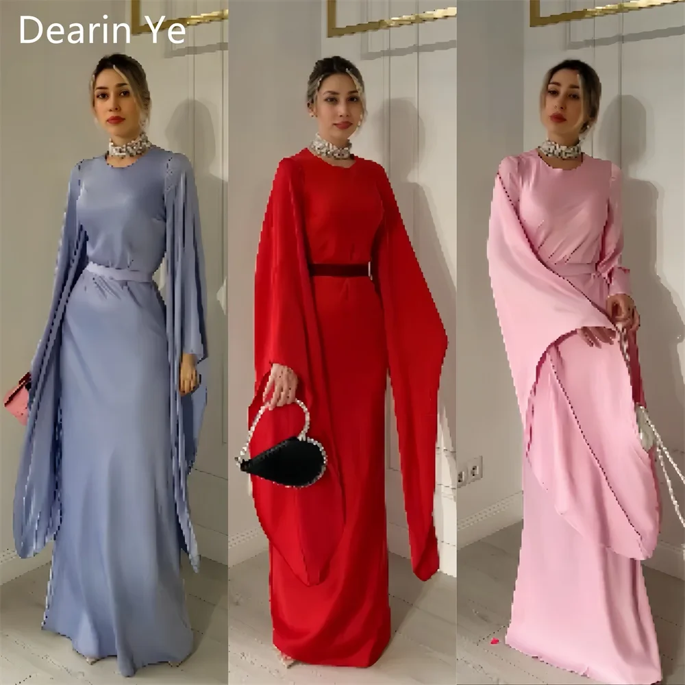 Disesuaikan gaun Formal Arab Saudi Dearin sendok garis leher kolom panjang lantai rok pita secara vertikal Bespoke gaun acara