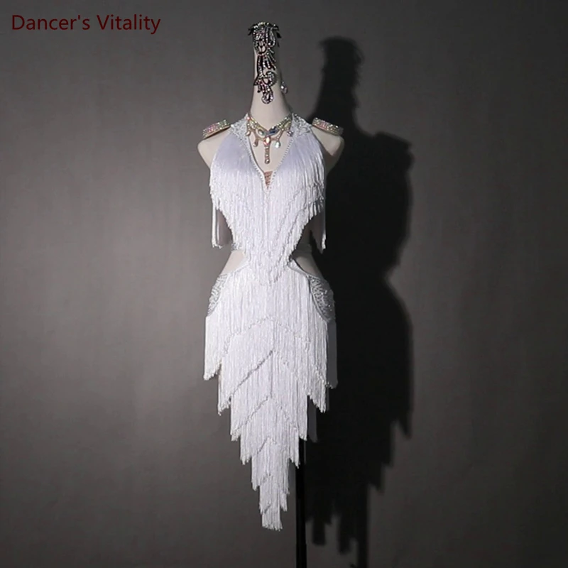 

Latin Dance Competition Dress Cusomzied Adult Child Performance Clothes Rumba Dance Tassel Skirt Flower Dresses Chacha Clothing