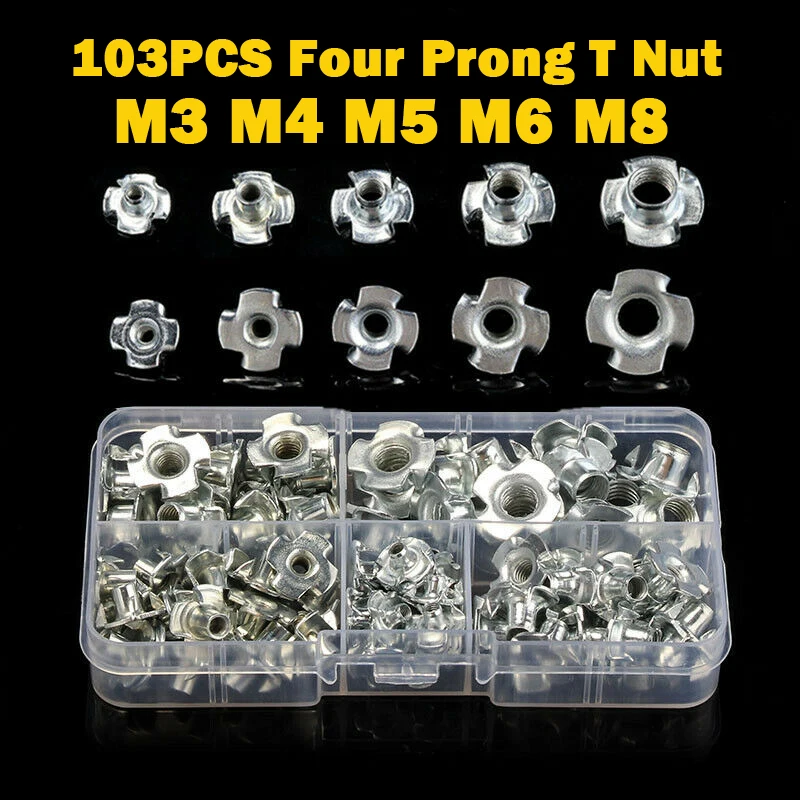 

103PCS Four Pronged T Nuts M3/M4/M5/M6/M8 Zinc Plated Blind Inserts Nut For Wood Furniture