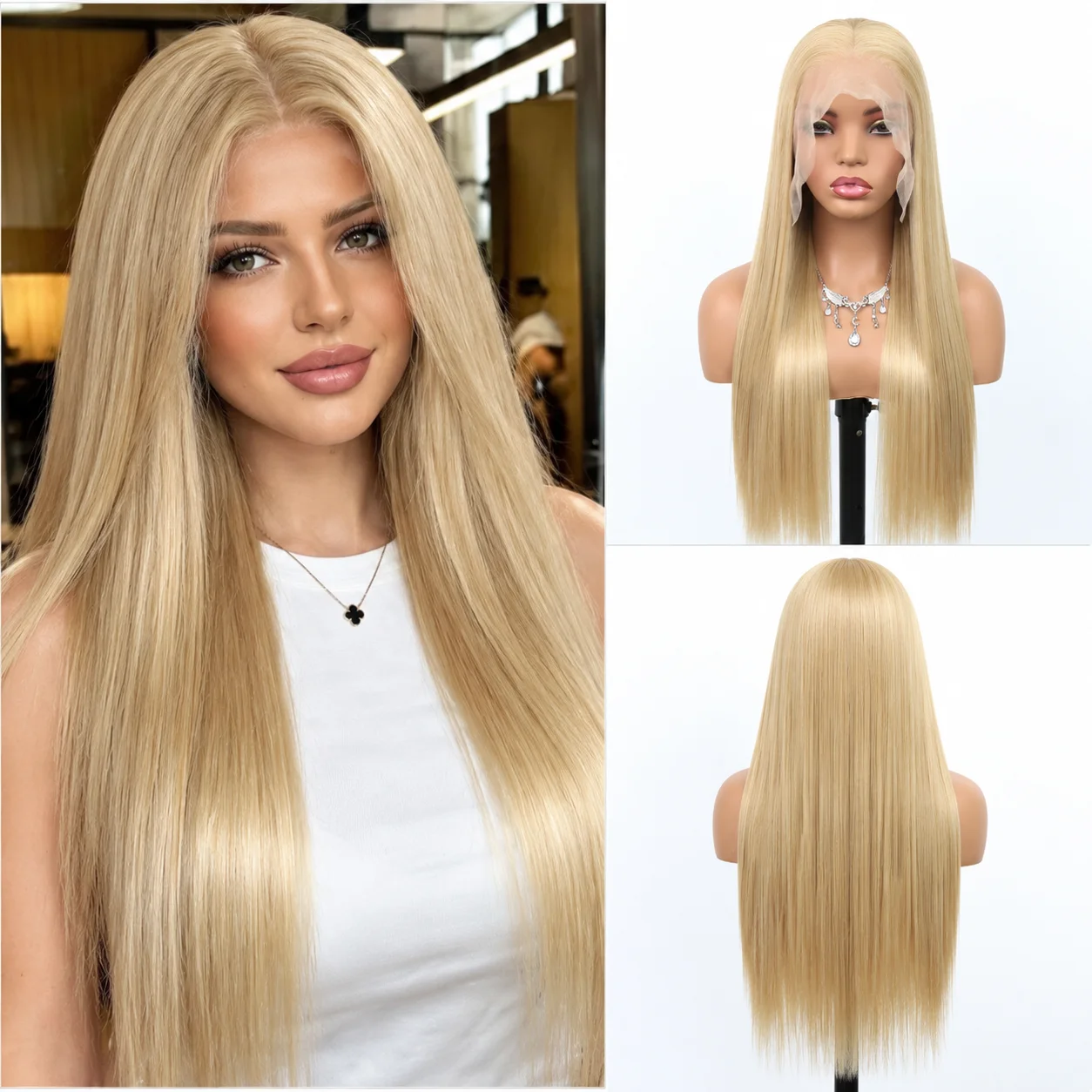 Honey Blonde 613 Long Straight Wig 28 Inch for Women, Glueless 13x4 HD Lace Front Synthetic Hair Wig, 180% Density Silky Smooth Natural Looking Heat Resistant Wig