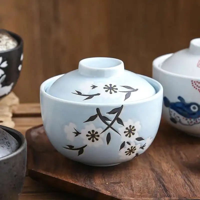 Japanese Ceramic 4.25Inch Stew Pot Bowl With Lid Steam Egg Soup Bowl Steaming Cup Slow Cooker Home Restaurant Tableware