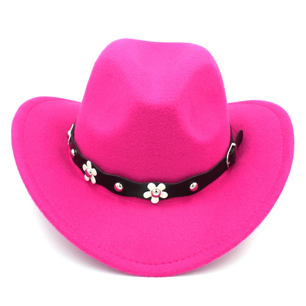Kids Western Cowboy Hat Girls Cowgirl Cap Boys Fedoras with Flower Studded Leather Belt for Halloween Birthday Party Accessories view 2