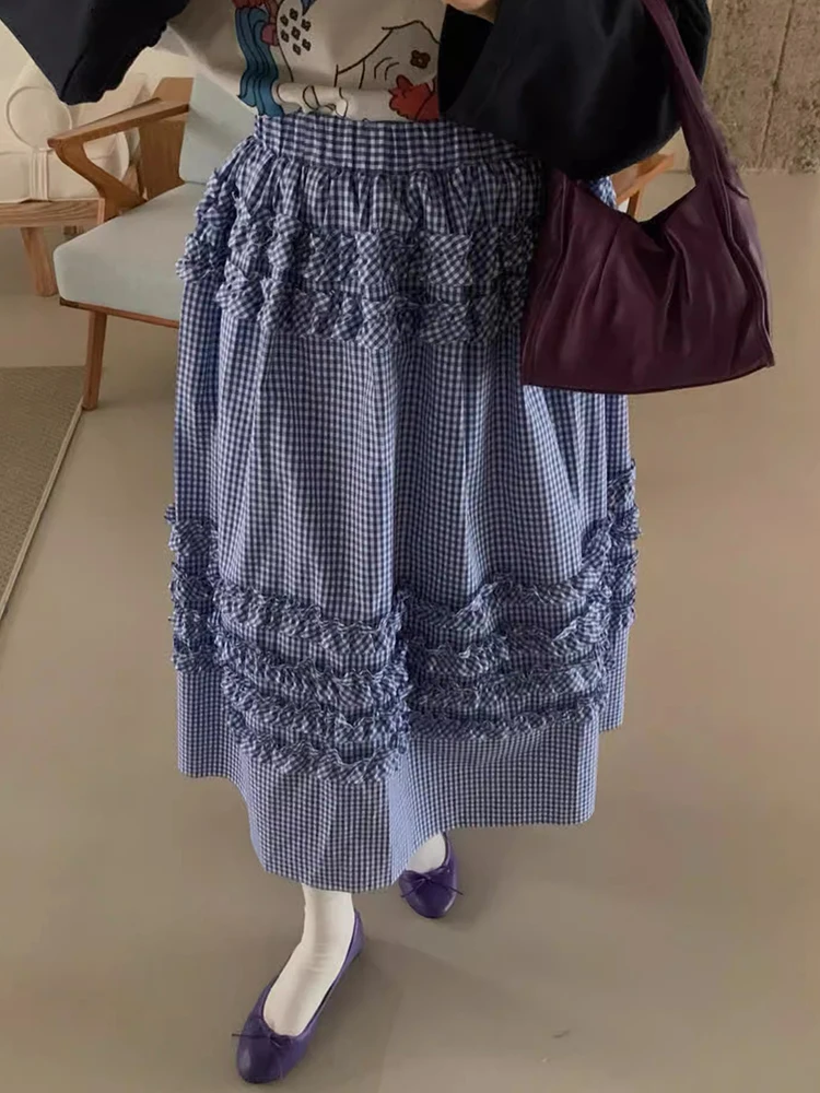 

Spring Vintage Lazy Sle Heavy Embellied Wooden Ear Lace Patchwork Elastic Waist Versatile Cake Skirt Women's f-length ...