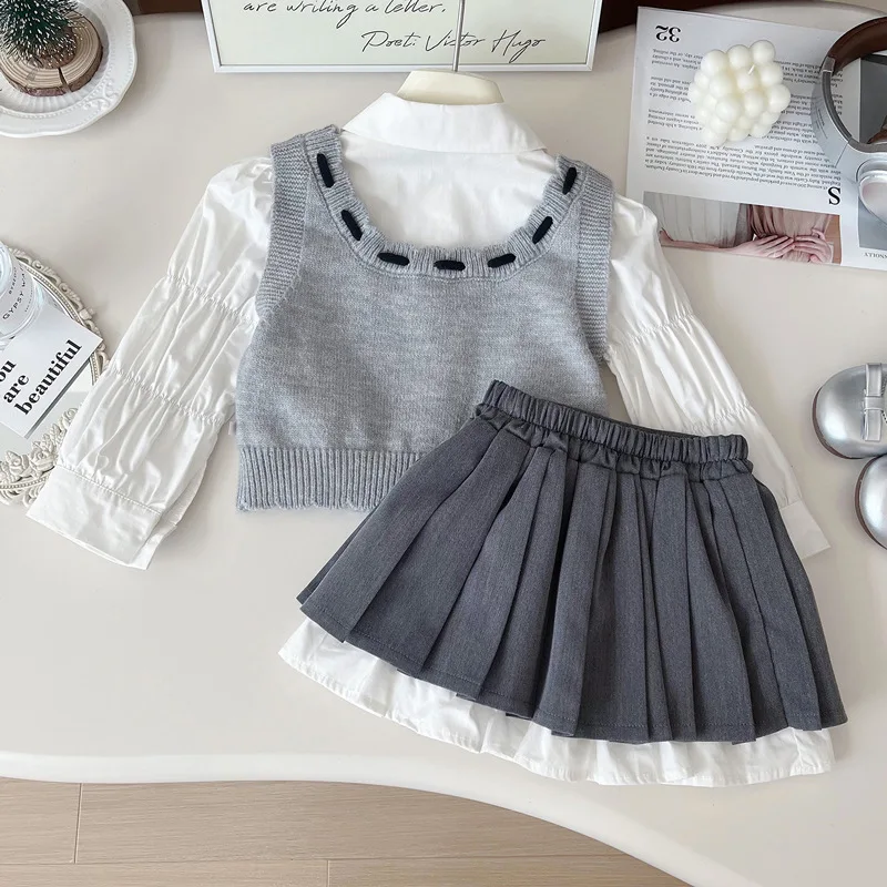 Spring and Autumn Suit Children2024New Western Style Girl Preppy Style Skirt Wool Vest Shirt Three-Piece Suit Fashion