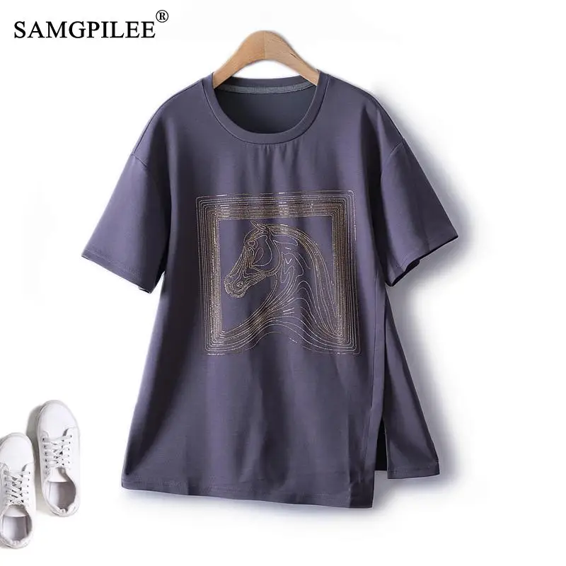 

European Station Loose Women's Oversized T-shirt 2023 Summer Ironing Diamond O Neck Elastic Irregular Short Sleeve Top Women 4XL