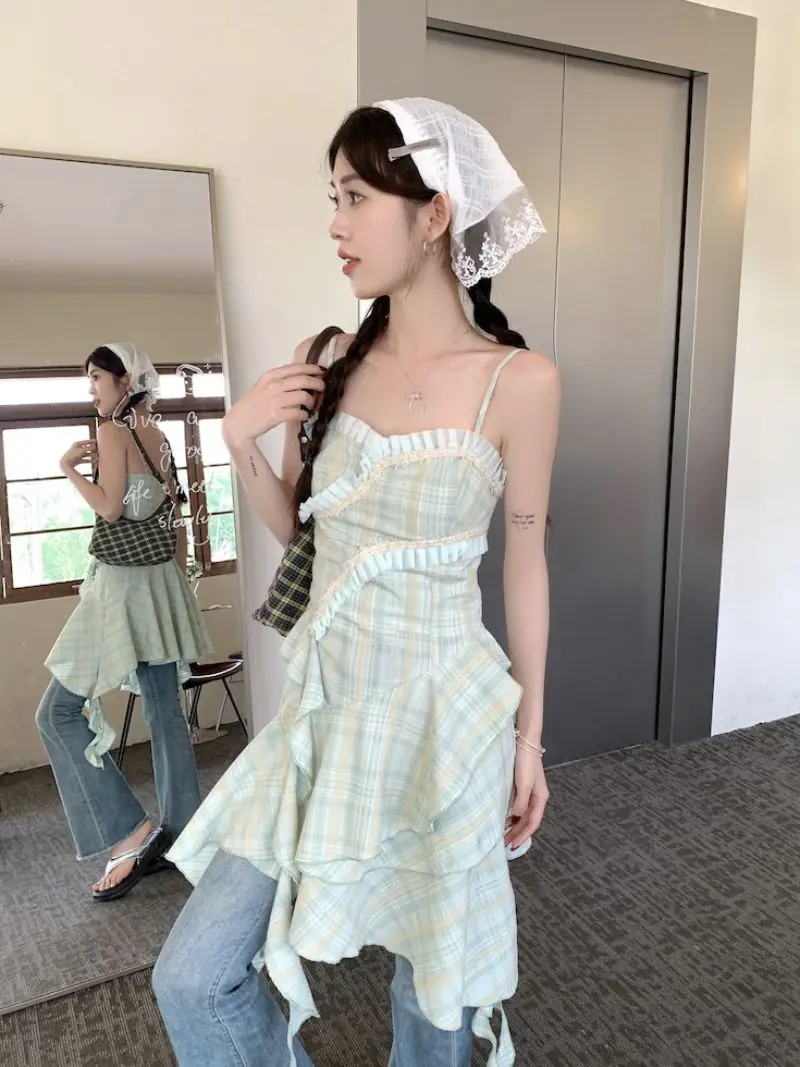 Camisole Dress Irregular Ruffle Green Plaid Spicy Girl Summer Waist Slim Edge Beach Style Vacation A-Line Slip Dress For Women