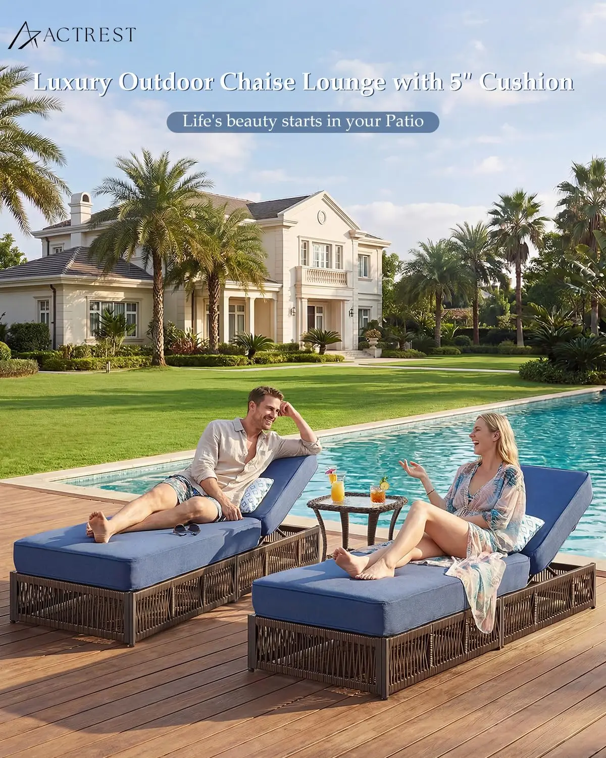 High Back Wicker Patio Chaise Lounge Set 3PCS with 5 Inch Cushions & Side Table for Poolside Sunbathing Navy Blue, Customized
