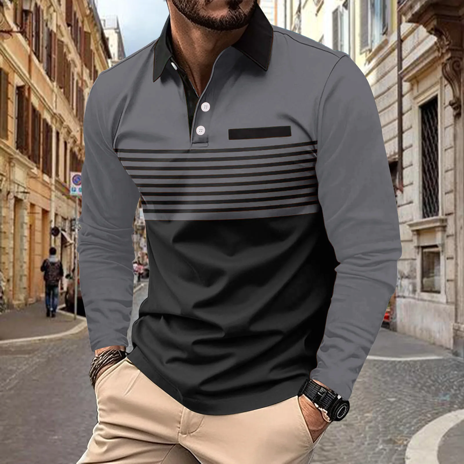 Polo da uomo casual moda primavera autunno manica lunga con bottoni a righe due colori risvolto festa all\'aperto casual comoda top