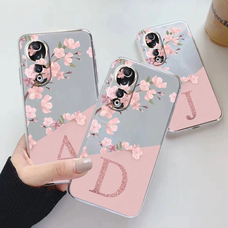 Clear Initial Letter Phone Case For Honor 90 Shockproof Protection Flower Matte Cover For Honor90 Coque Soft Silicone Fundas