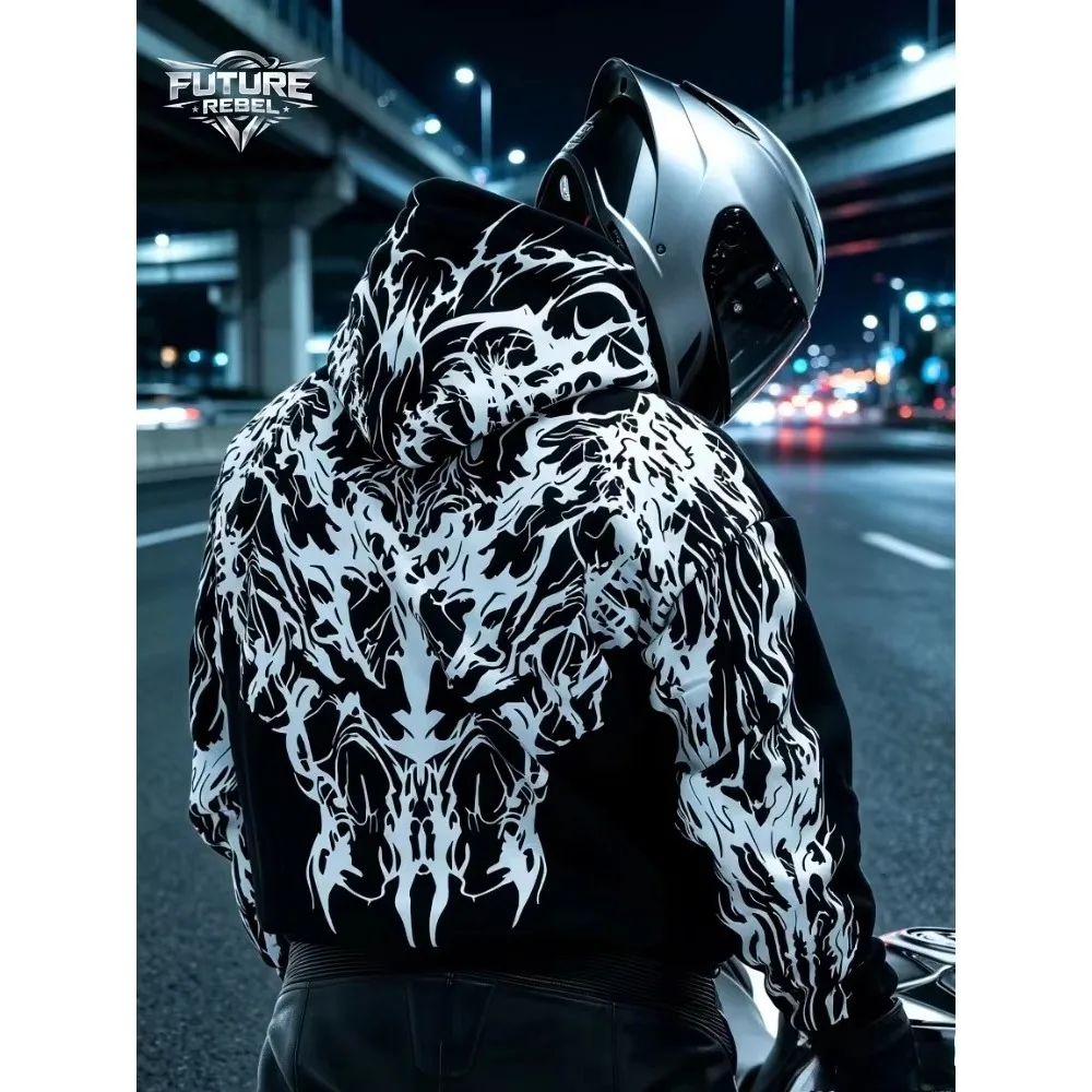 Reflektierender Hoodie im Street-Stil für Herren, Y2k-Stil, Gothic, langärmelig, Pullover, Kapuzenpullover, lockerer Schnitt, Motorradfahrer, für Ausflüge in der Nacht, Neu