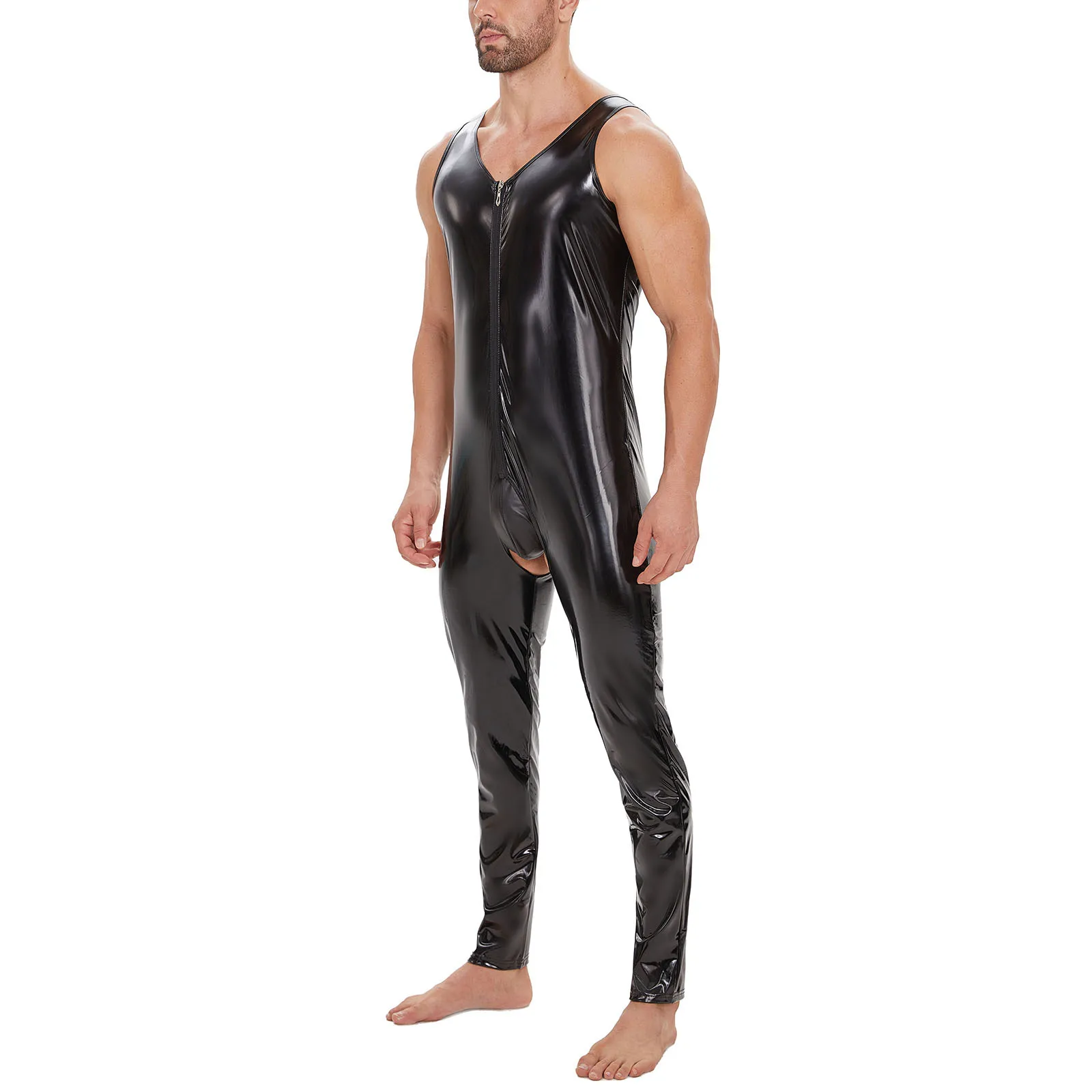 Mens Sexy Crotchless Latex Bodysuit Zipper PVC Leather Jumpsuit Gay Sleeveless Rompers Male Tight Long Leotard Wrestling Singlet