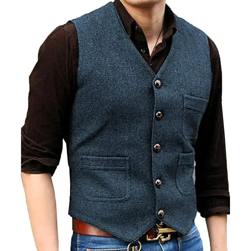 Men's Herringbone Tweed Wool Suit Vest 2025 Groomsman Single Breasted Vest Males Smart Casual Waistcoat Plus Size Daily Clothes