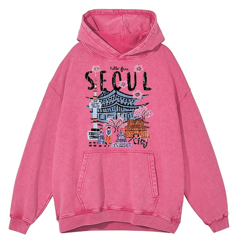 

Retro Distressed Wash Seoul City Beautiful Scenery Men Sweatshirt Loose Hoodie Fashion Streetwear 100% Cotton Casual Hooded