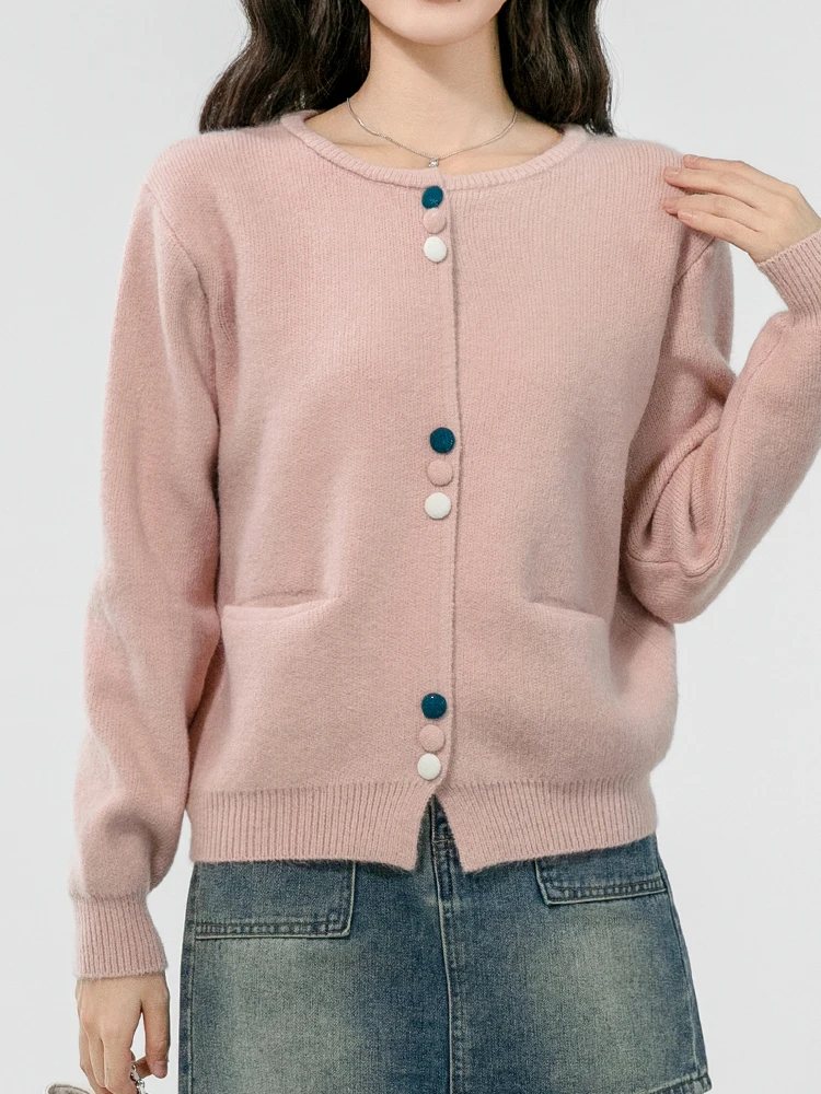 Women's Crew Neck Button Down Long Sleeve Cardigan Sweater Slim Pink Cardigans Tops Autumn Winter Outwear Korean Fashion Sweater