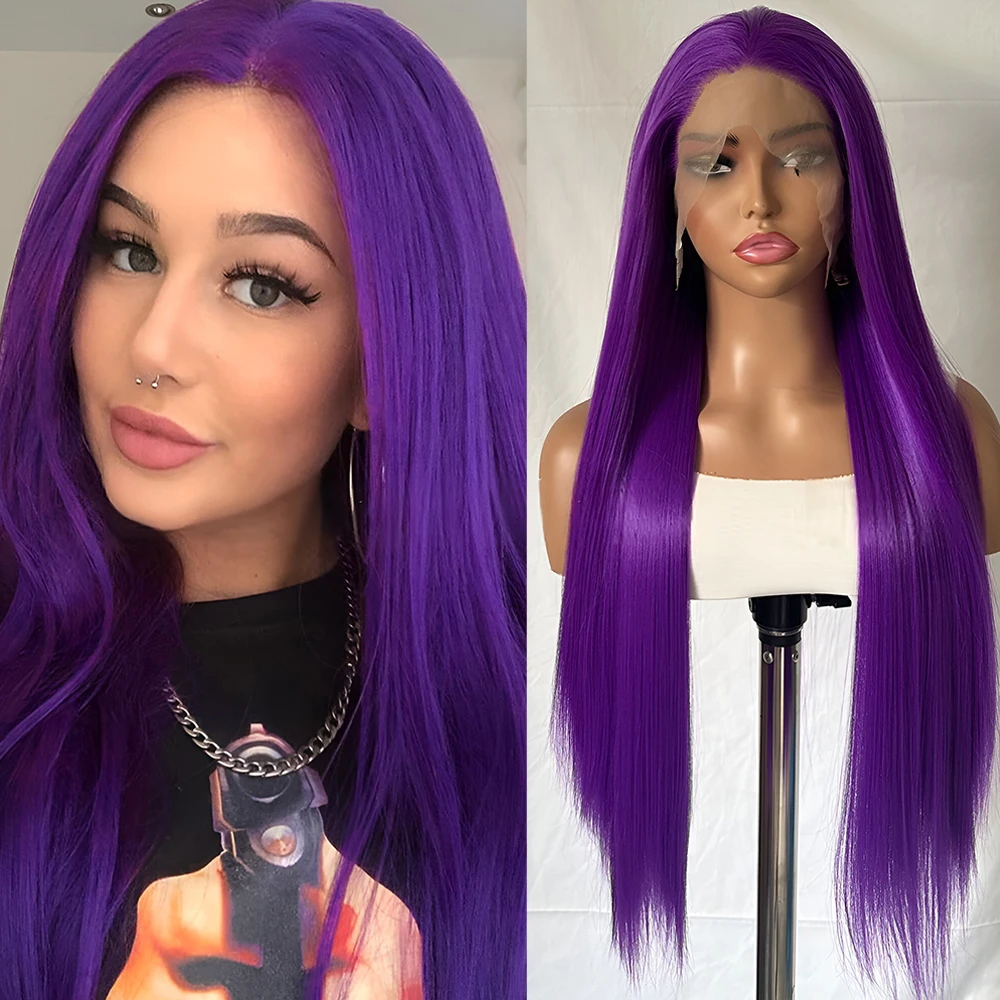 Bright Purple Straight Wig Synthetic Lace Front Wigs For Women Heat Resistant Purple Wig Long Silky Straight Lace Hair Cosplay