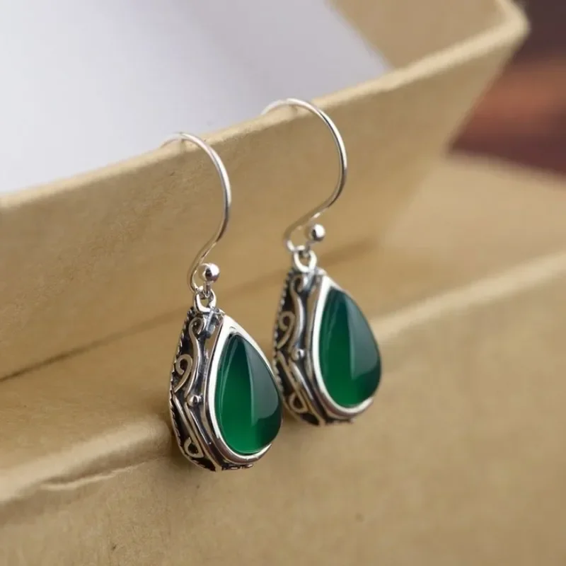 New Water Drop Red/Green Women\'s Earrings with Design Retro Silver Daily Wear Personalized and Minimalist Jewelry