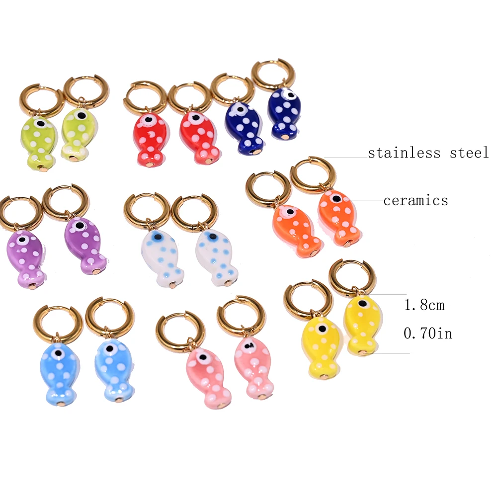 Ceramic Fish Pendant Golden Stainless Steel Hoop Earrings for Women  Fashion Ear Buckle Jewelry Accessories