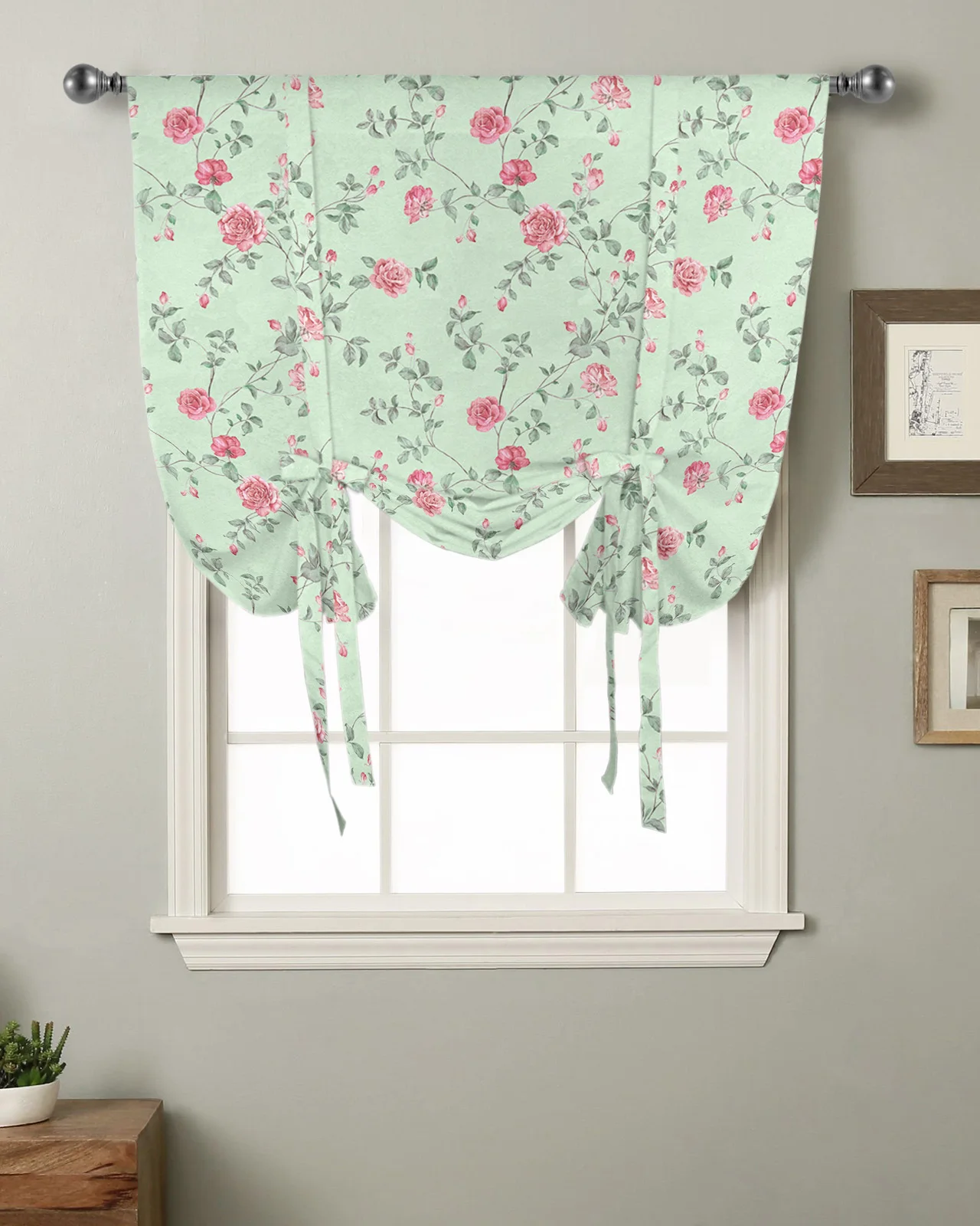 

Flower Plant Rose Kitchen Short Window Curtain Rod Pocket Curtains Home Textile Roman Tie Up Curtains Bedroom Small Window Decor