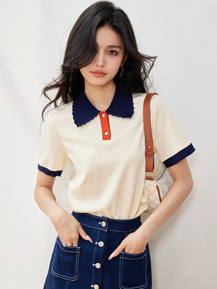 2024 Korean Summer New T-shirt Women Contrast Color Lapel T-shirt Casual Slim Top Fashion Pullover Tee Shirts