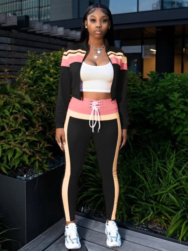 

Three Sisters New Arrivals Autumn Winter Fashion Sports Casual Woman Clothes Splicing Long Sleeve Zipper Two Piece Set Pantsuits