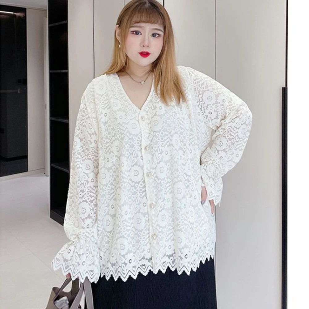 เสื้อลูกไม้ทรงหลวมไซส์ใหญ่พิเศษ 5XL สำหรับผู้หญิง น้ำหนัก 120 กก. คอวี ผ้าสีพื้น เสื้อผู้หญิงทรงโอเวอร์ไซส์