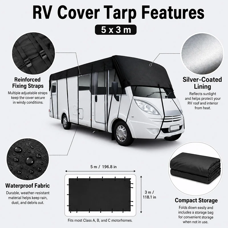 RV Roof Protective Cover Oxford Fabric Sun Rain Dust Protector for Outdoor Camping Motorhome Vehicle Shelter Protective
