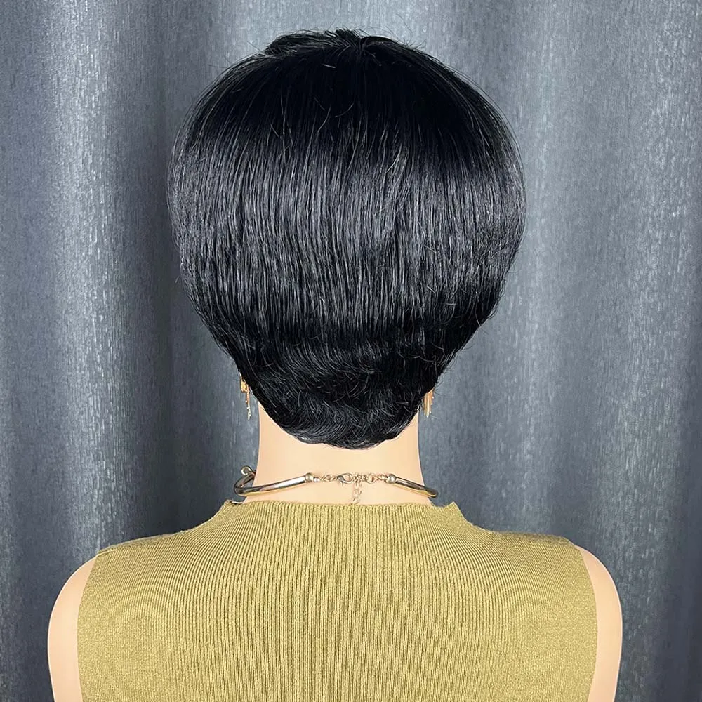 짧은 스트레이트 픽시컷 가발 내추럴 블랙 보브 가발 앞머리 포함 기계 제작 레미 인모 가발 흑인 여성용