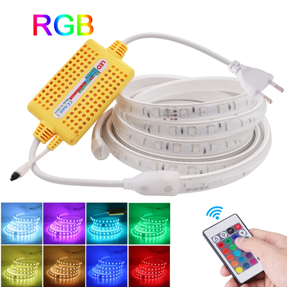 

5050 RGB LED Strip Lights With Remote Controller 220V 60LEDs/M Waterproof Rope Light Dimmable Flexible Led Ribbon Outdoor Decor