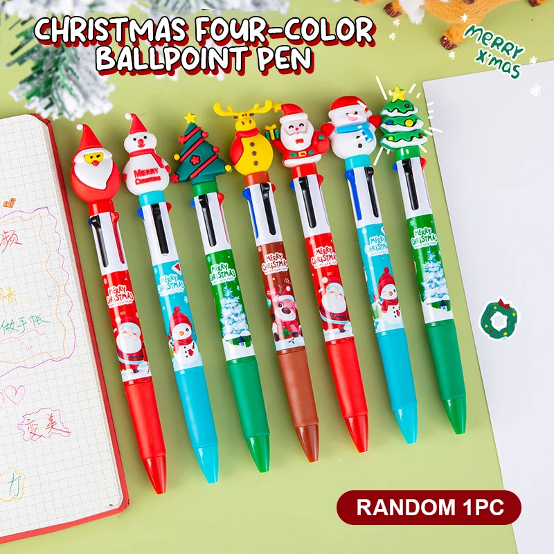 

Разноцветные нейтральные ручки с милым рождественским дизайном; Четырехцветные шариковые ручки для школы.