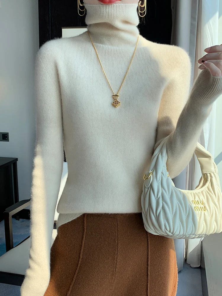 

Women Turtleneck Sweater Slim 100% Merino Wool Pullover Basic Cashmere Knitwear Female Casual Autumn Winter High-end Soft Tops