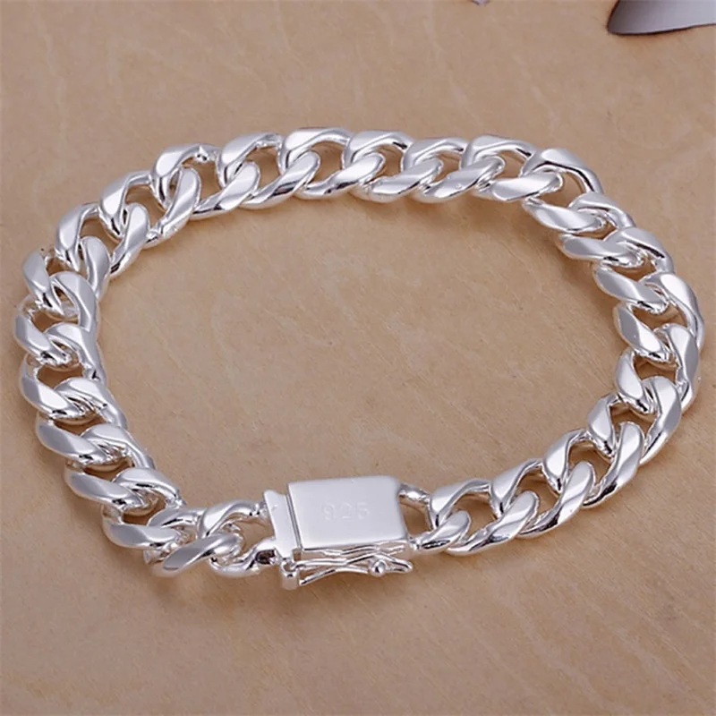 

925 Sterling silver Bracelets Noble design popular fashion Jewelry High quality 10MM solid 8inch 20cm chain women mens wedding