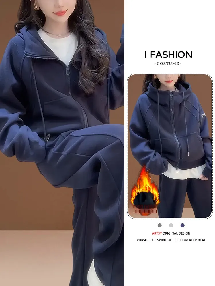 

Женский спортивный костюм с флисовой подкладкой: худи с длинными рукавами и широкие брюки, комплект из двух предметов, повседневная коллекция для зимы