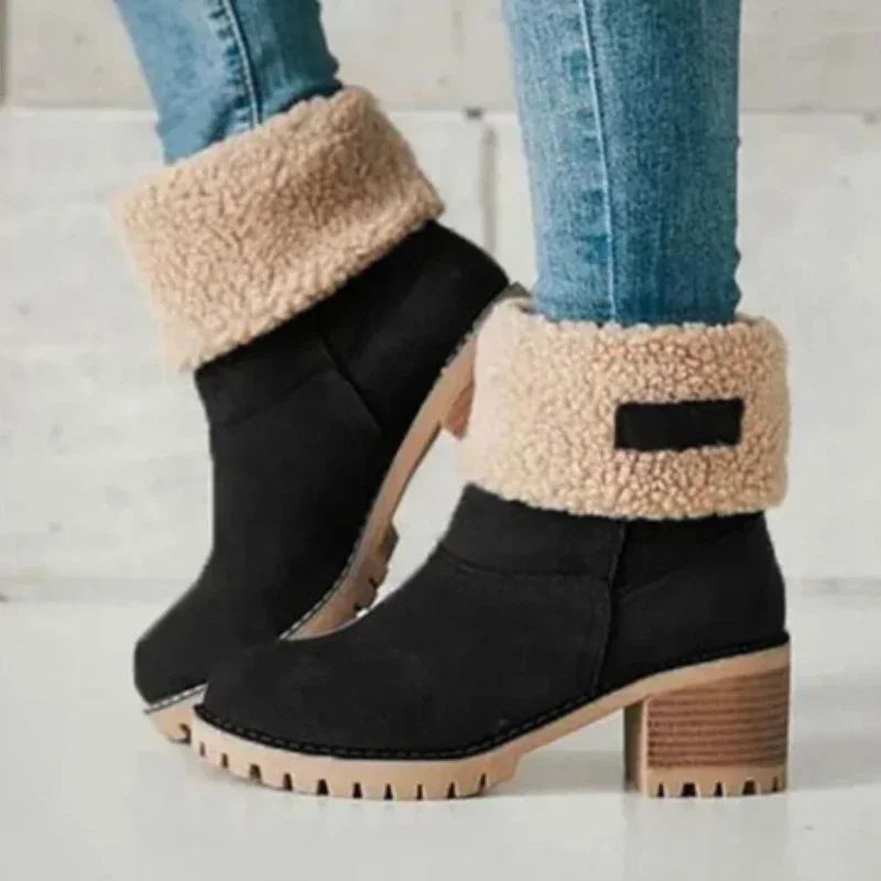 Botas de nieve cálidas de piel para mujer, botines de lana cálidos, zapatos de plataforma con borde vuelto, botas de media caña informales, invierno, 2023