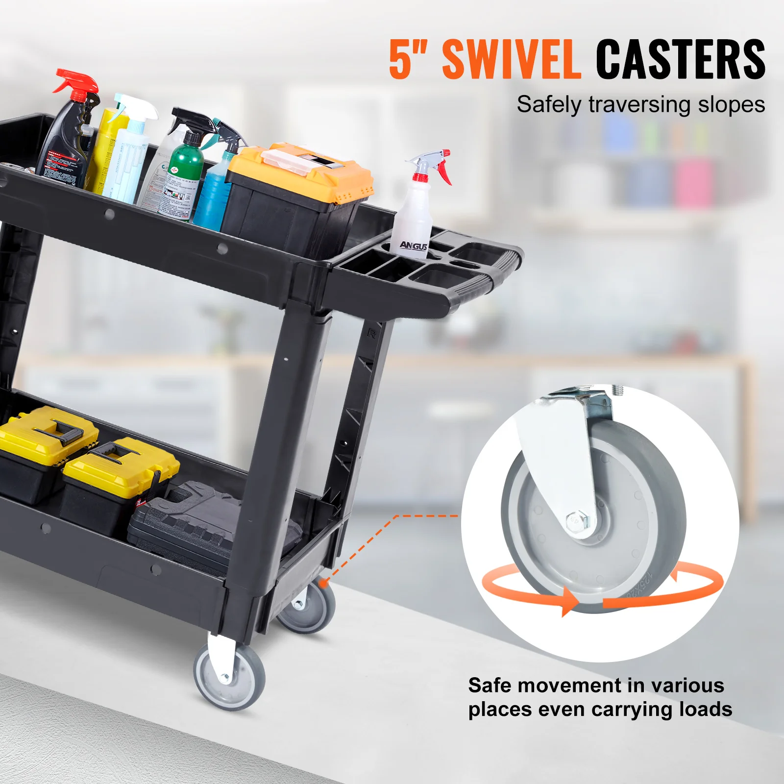 VEVOR Servicewagen, 2 Regale, 550 lbs (0,25 Tonnen),  Mehrzweckwagen aus Kunststoff mit 360°-Schwenkrädern, mittelgroßer Ablagefläche, ergonomischem Aufbewahrungsgriff für Lager/Garage/Reinigung/Büro