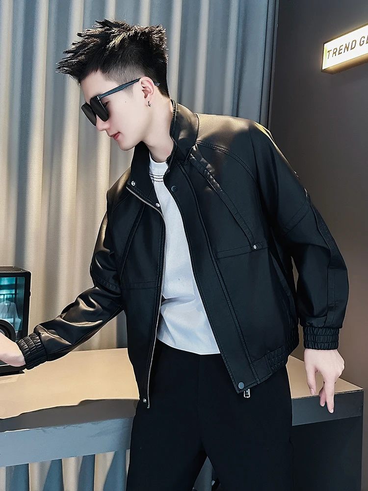 

Повседневное байкерское кожаное мужское модное брендовое пальто Sli, осенне-зимнее пальто из искусственной кожи с меховым воротником-стойкой