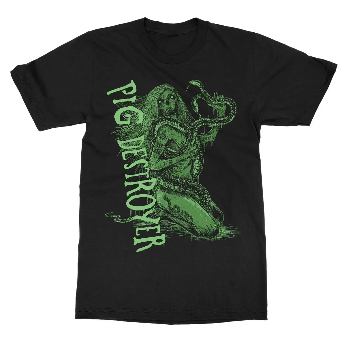 Unisex Pig Destroyer Graphic T‑Shirt, Striking Kneeling Zombie Lady with Snake Wrap Print, Gothic Dark Green Horror Visual