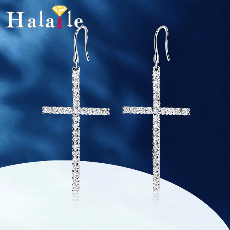 

Halaile Real S925 Sterling Silver D Color Moissanite Cross Drop Earrings with GRA Fine Jewelry Women Elegant Trendy Sparkly Gift