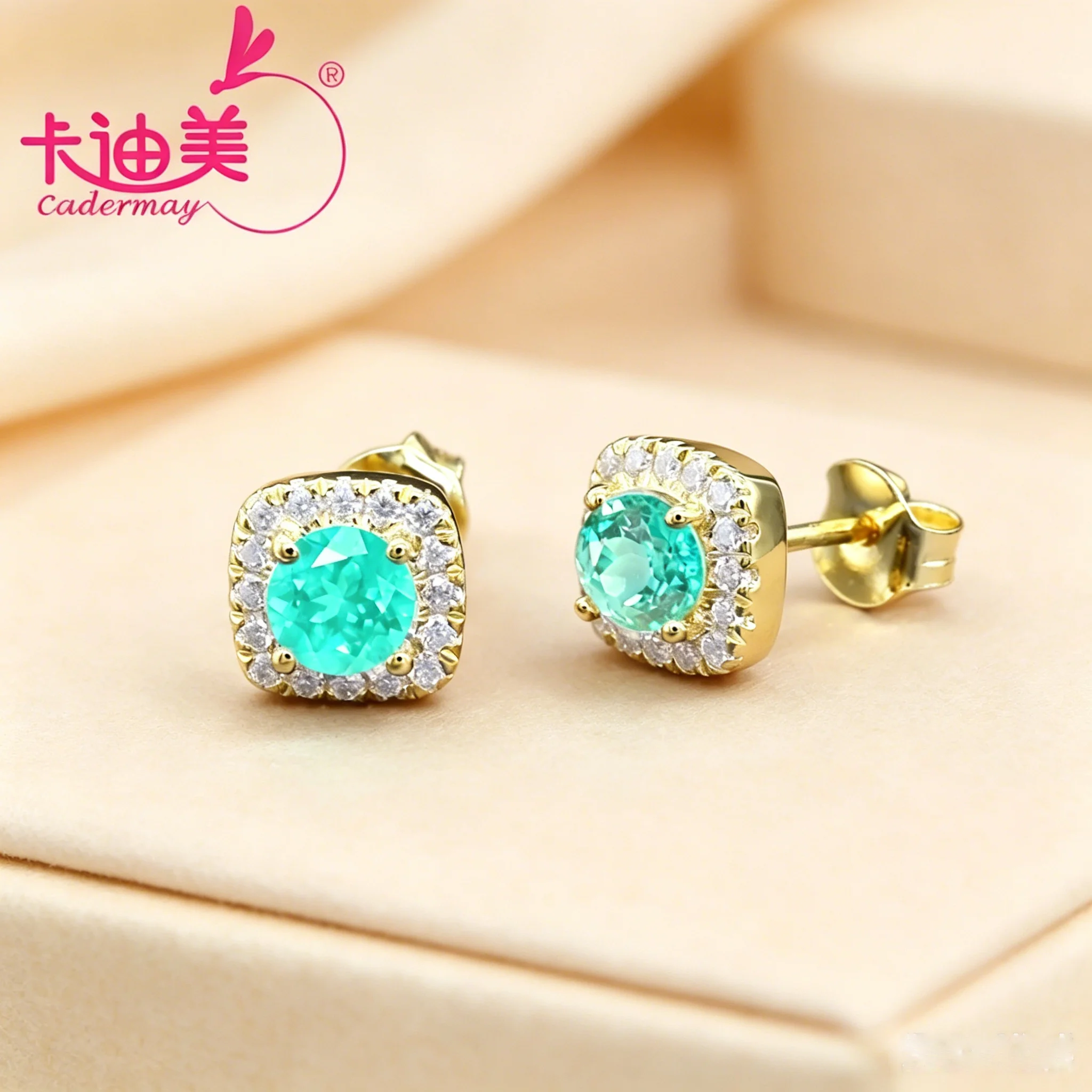Paraiba Color 5mm Lab Grown Yttrium Aluminum Garnet With Inclusions S925 Silver18k Yellow Gold Earrings  For Women Fine Jewelry