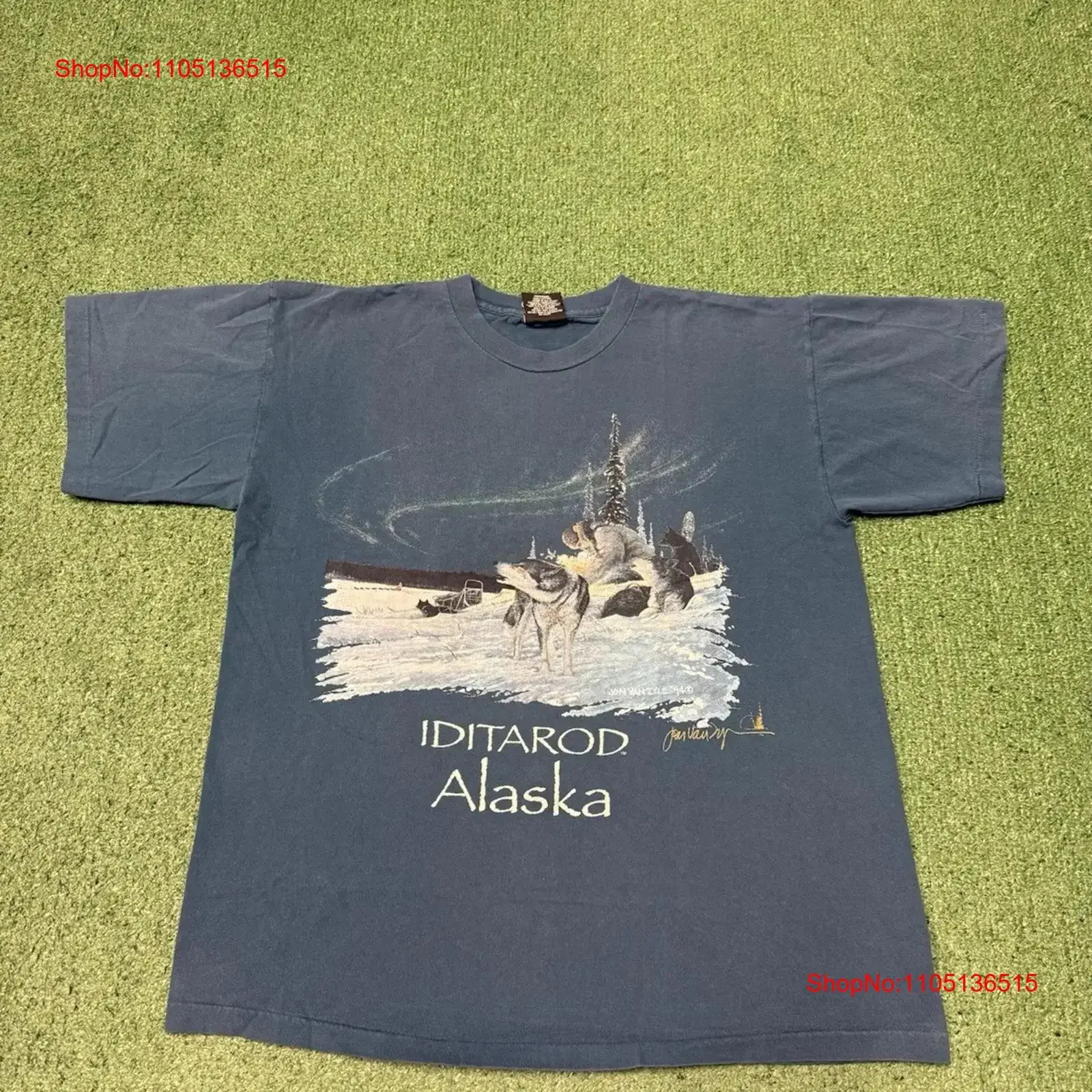 Vintage Jon Van Zyle Iditarod Sled Dog Alaska T shirt Size Large Blue 1994 VTG vintage Washed homme Soft graphic Stretched