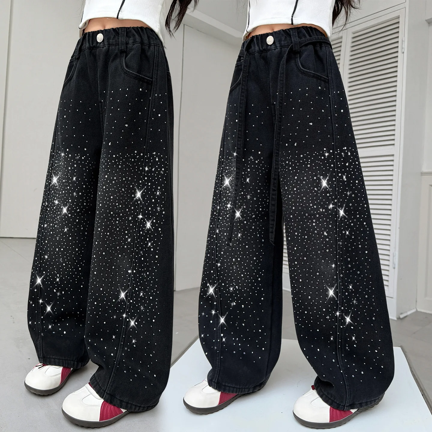 Mädchen Frühling Herbst Jeans Neue Teenager Kinder Sky Full Star Strass Lose Breite Bein Denim Hosen Mode Gebogene Messer Hosen
