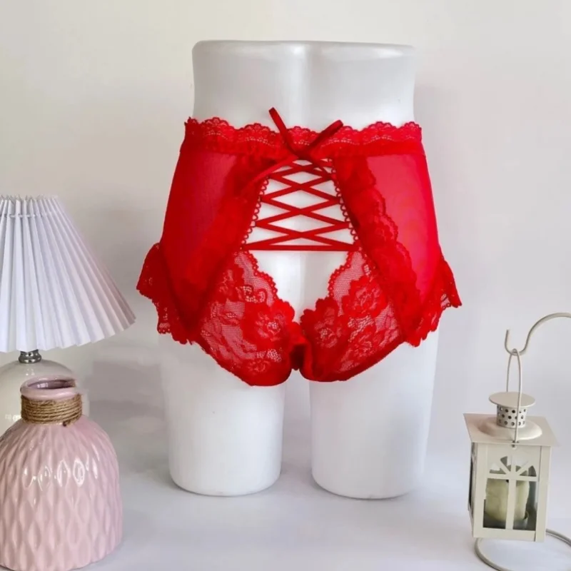 

Sexy Couple High Waist Underwear Mesh Lace Hollow Out Plus Size Lace up Ruffled Edges See Through Briefs Sissy Private Party