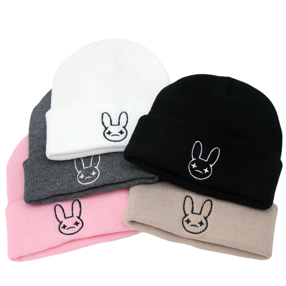 Bad Bunny Beanie Hat Embroidery Cartoon Rabbit head Knitted Hats Unisex  Winter Keep Warm Ski Cap