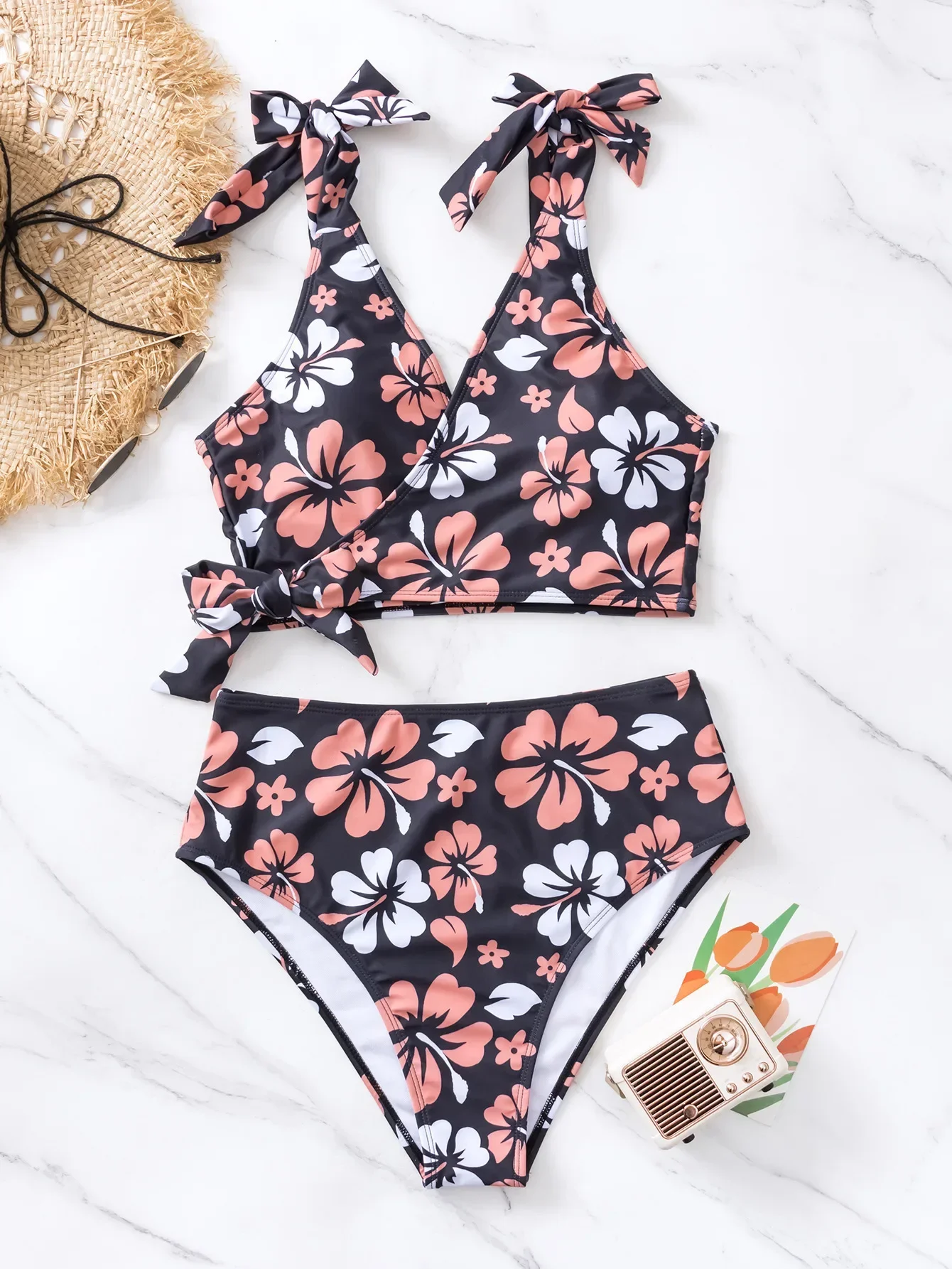 Flower Print Swimsuit for Women 2025 Orange High Waist Two Piece Bikini Set V-neck Suspender Backless Beach Bathing Suit New
