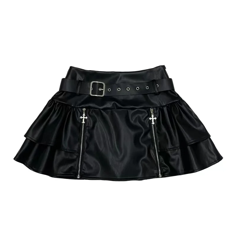 Ruibbit Original Short A-line Women PU Leather Skirt New Autumn Spice Girls Cross Metal Zipper Subculture Gothic Mini Skirts