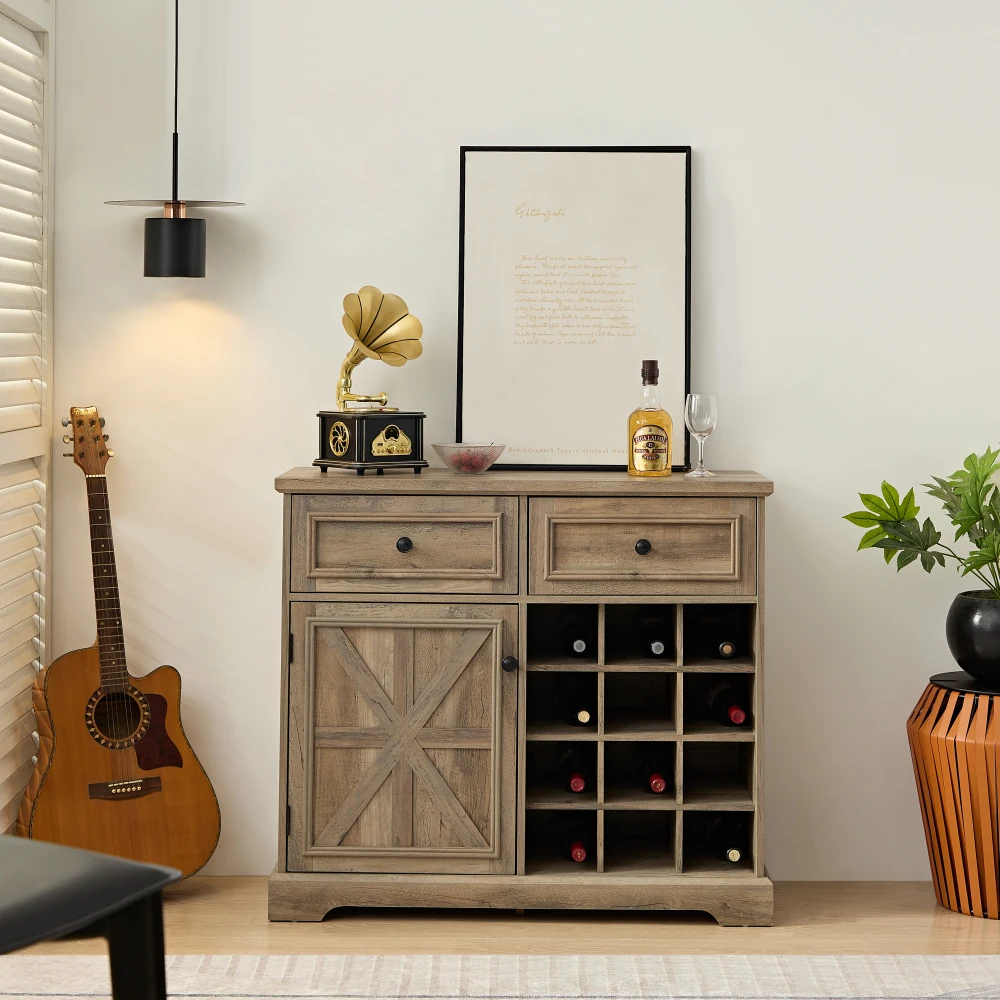 

Farmhouse Buffet Cabinet with Storage Sideboard with 2 Drawers Wine Bar Cabinet with Removable Wine Racks Storage Shelves