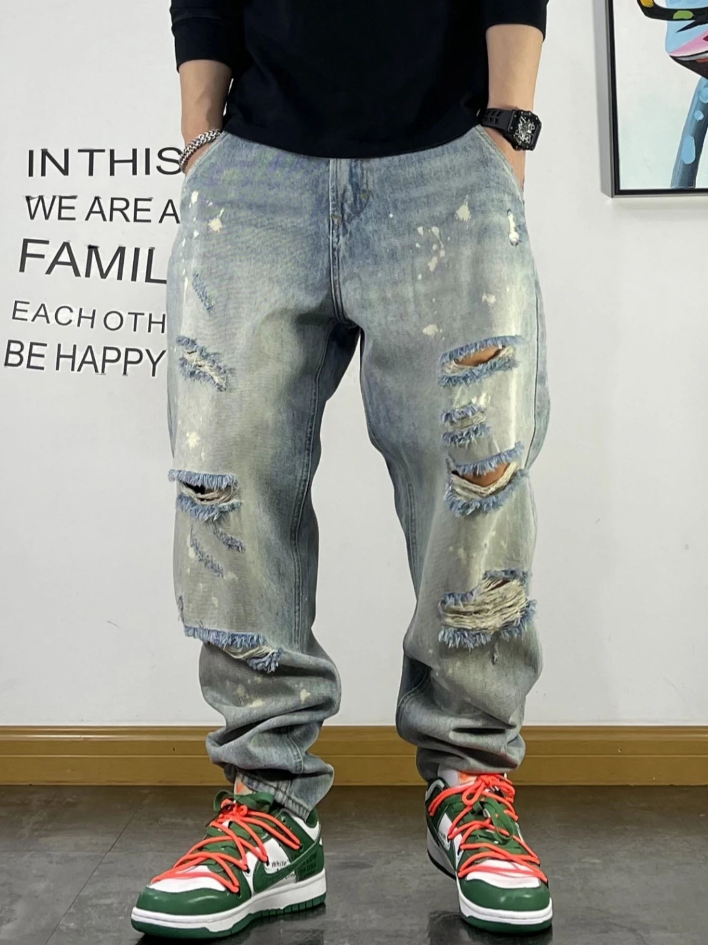 

Trendy Thin Denim Jeans Men's Loose Fit Waed out Summer New Sle Casual Breathable Straight Leg Jeans High Waist Zipper Fly