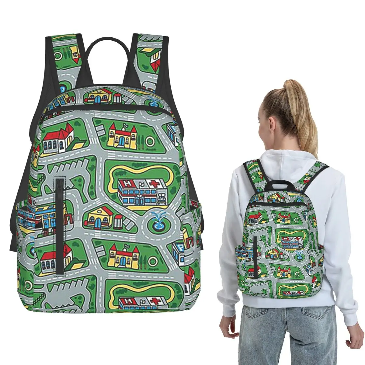 Car City Carpet Road Rug 90s Nostalgic Toy Backpack Large Capacity Boys Girls BookBag School Bag Shoulder Bags for Men Women